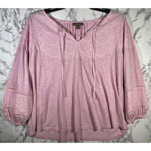 Style & Co Womens Pink Eyelet Embroidered Peasant Blouse 3/4 Sleeve Size 0X
